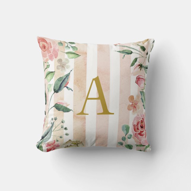 Rustic, french, candy pink striped floral cushion (Front)