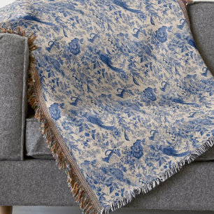 Rustic French Country Blue Toile de Jouy Throw Blanket