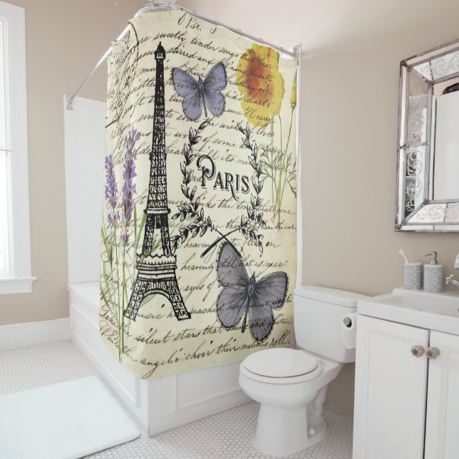 rustic french country scripts paris eiffel tower shower curtain (In Situ)