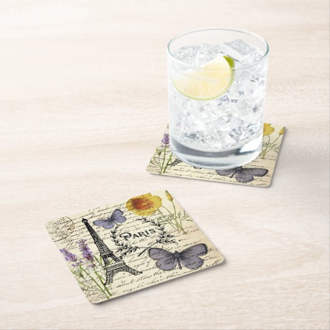 rustic french country scripts paris eiffel tower square paper coaster (Insitu)