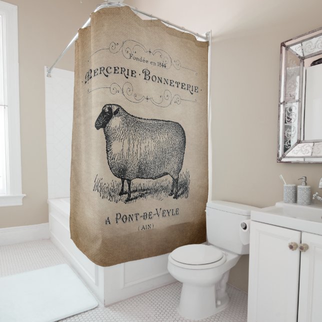 Rustic French Country Sheep Typography Farmhouse Shower Curtain (In Situ)