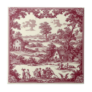 Rustic French Countryside Pastoral Scene Burgundy Ceramic Tile
