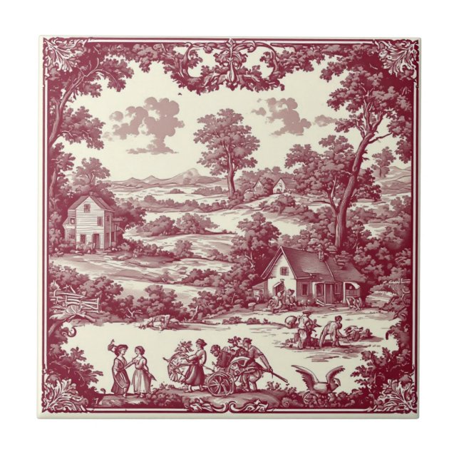 Rustic French Countryside Pastoral Scene Burgundy Ceramic Tile (Front)