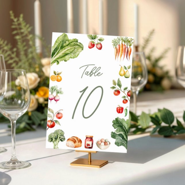 Rustic Fresh Off the Market Bridal Shower Table Number (Fresh off the market table numbers with rustic fruits and veggies for a farm-to-table bridal shower.)