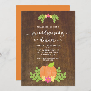 Rustic Friendsgiving Dinner Pumpkin and Greenery Invitation