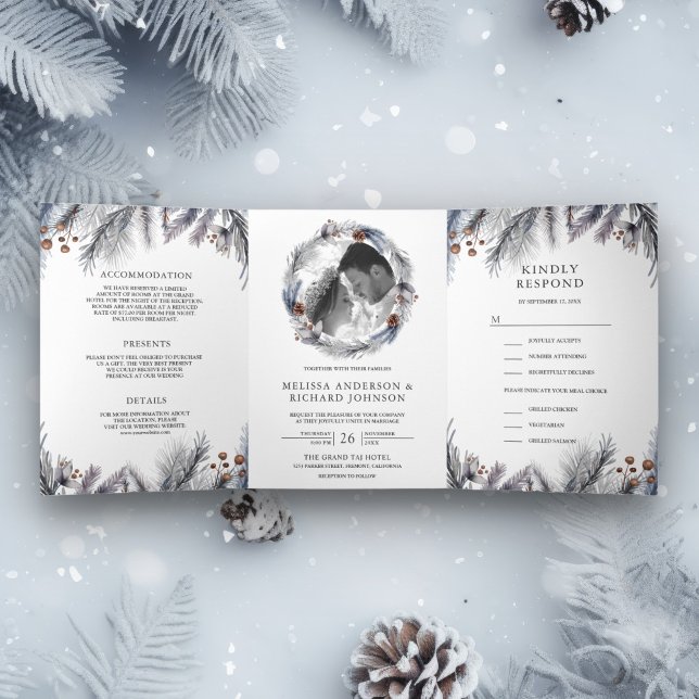 Rustic Frosted Pine Leaves Foliage Winter Wedding Tri-Fold Invitation (Creator Uploaded)