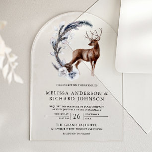 Rustic Frosted Pine Leaves Forest Deer Wedding Acrylic Invitations