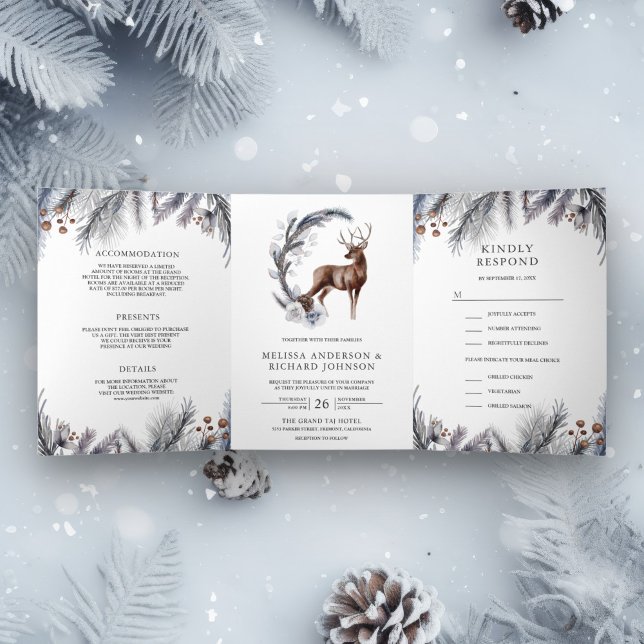 Rustic Frosted Pine Leaves Forest Deer Wedding Tri-Fold Invitation (Creator Uploaded)