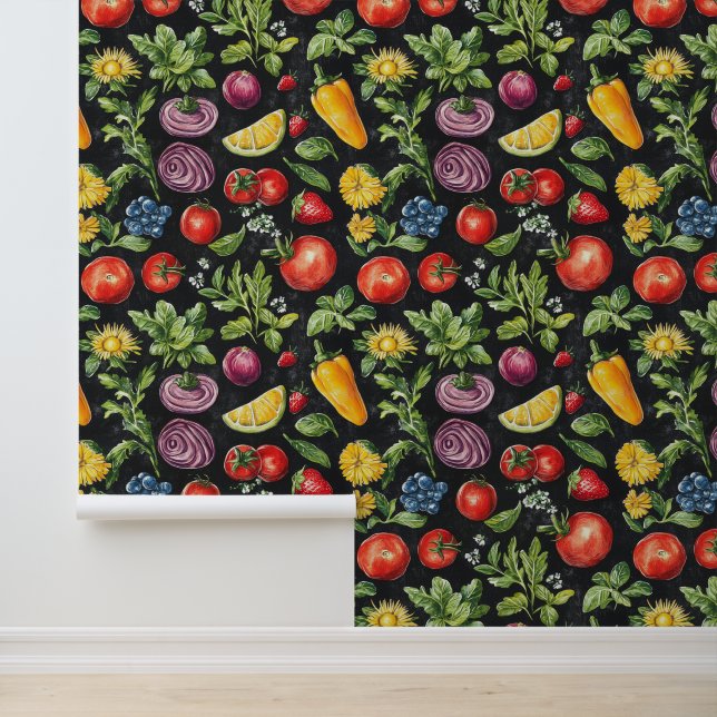 Rustic fruit pattern wallpaper for kitchen decor (Application)