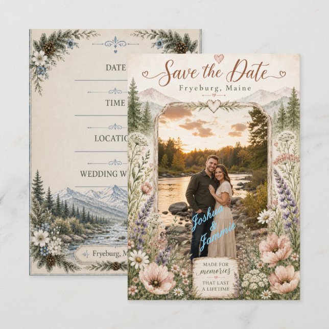 Rustic Fryeburg Maine Mountain Photo Save The Date (Front/Back)