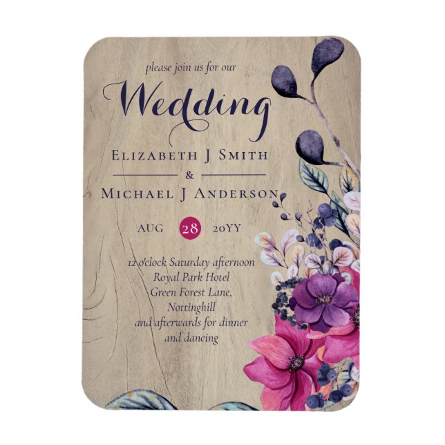 Rustic Fuchsia Floral Woodland Wedding Magnet (Vertical)