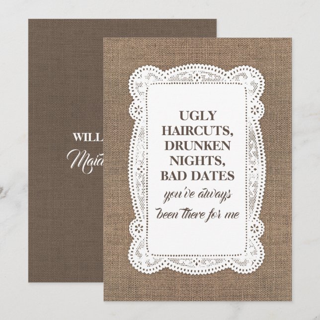 Rustic Funny Bridesmaid / Maid of Honour Proposal Invitation (Front/Back)