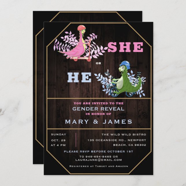 Rustic Funny Dinosaurs Foliage Gender Reveal Party Invitation (Front/Back)