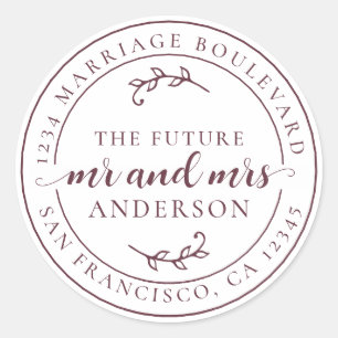 Rustic Future Mr Mrs Burgundy Return Address Classic Round Sticker