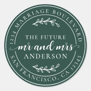 Rustic Future Mr Mrs Dark Green Return Address Classic Round Sticker