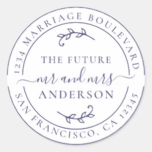Rustic Future Mr Mrs Navy Blue Return Address Classic Round Sticker