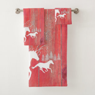 Rustic Galloping Wild Horses Red Barn Wood Bath Towel Set