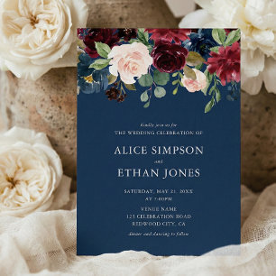 Rustic Garden Burgundy Blue Fall Wedding Invitation