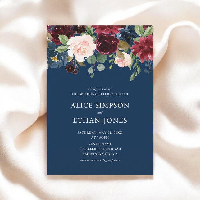 Rustic Garden Burgundy Blue Fall Wedding Invitation (Creator Uploaded)