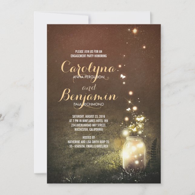 Rustic Garden Fireflies Mason Jar Engagement Party Invitation (Front)