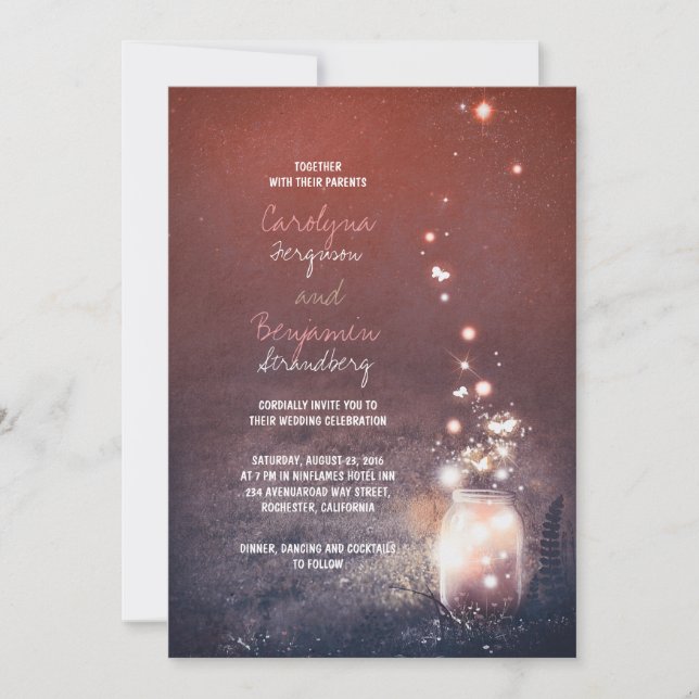 Rustic Garden Lights - Fireflies Mason Jar Wedding Invitation (Front)