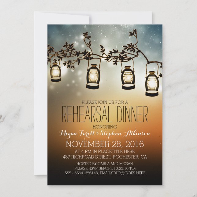 rustic garden lights - lanterns rehearsal dinner invitation (Front)
