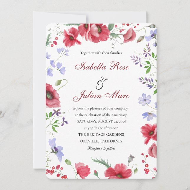 Rustic Garden Poppy & Lavender Watercolor Wedding Invitation (Front)