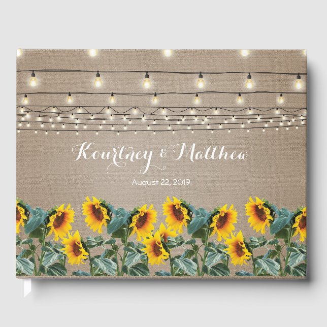 Rustic Garden Sunflowers and String Lights Wedding Guest Book (Front)