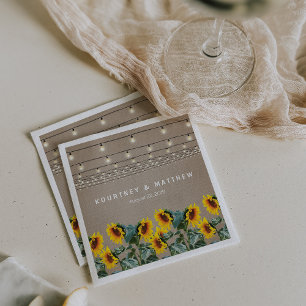 Rustic Garden Sunflowers and String Lights Wedding Napkin
