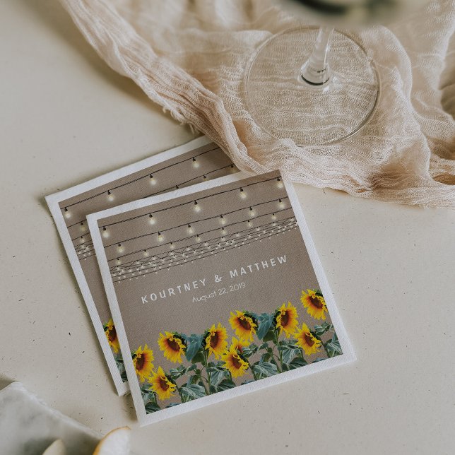 Rustic Garden Sunflowers and String Lights Wedding Napkin (Creator Uploaded)