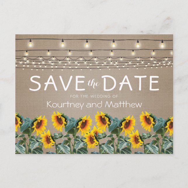 Rustic Garden Sunflowers Lights Save the Date Announcement Postcard (Front)
