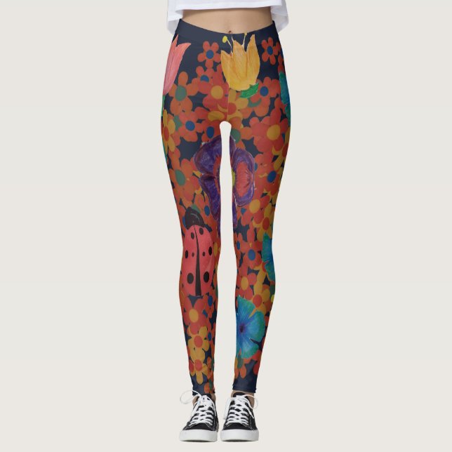 rustic garden watercolor flowers pattern leggings (Front)