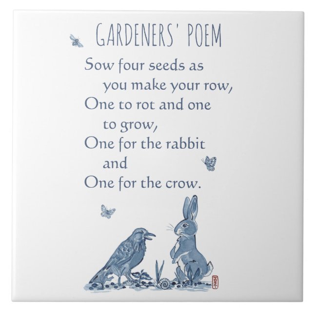 Rustic Gardener's Poem Blue & White Rabbit Crow Ceramic Tile (Front)