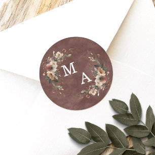 Rustic Garnet Red Floral Wreath Wedding Monogram Classic Round Sticker
