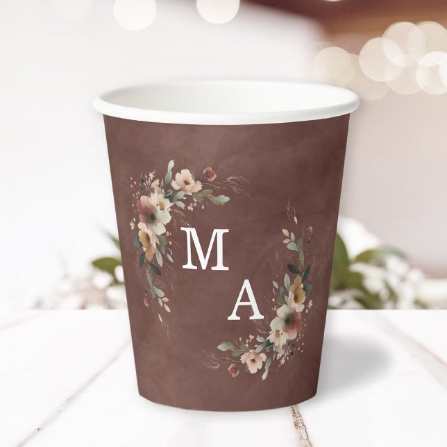 Rustic Garnet Red Floral Wreath Wedding Monogram Paper Cups (Elegant paper cups adorned with monogrammed floral wreaths, perfect for toasting in style.)