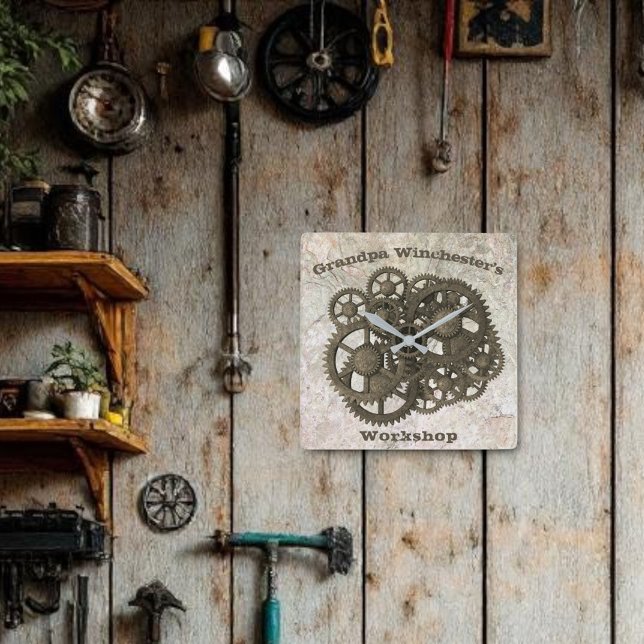 Rustic Gears Sprocket Steampunk On Stone Template  Square Wall Clock (stone slab background gears wall clock template)