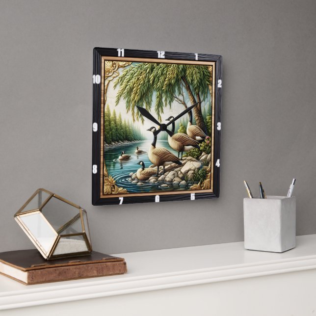 Rustic Geese Wilderness Square Wall Clock (Office)