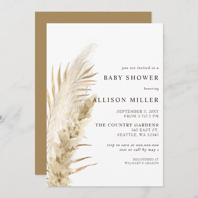 Rustic Gender Neutral Boho Pampas Baby Shower  Inv Invitation (Front/Back)