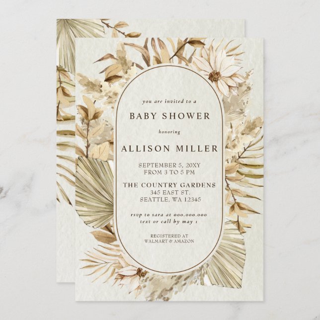 Rustic Gender Neutral Boho Pampas Baby Shower  Invitation (Front/Back)