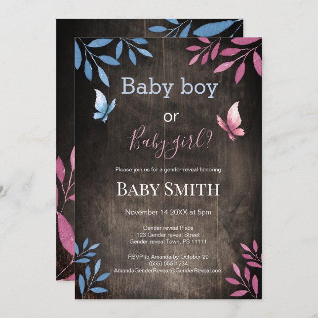 Rustic gender reveal watercolor floral invitation (Front/Back)