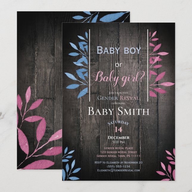 Rustic gender reveal watercolor floral invitation (Front/Back)