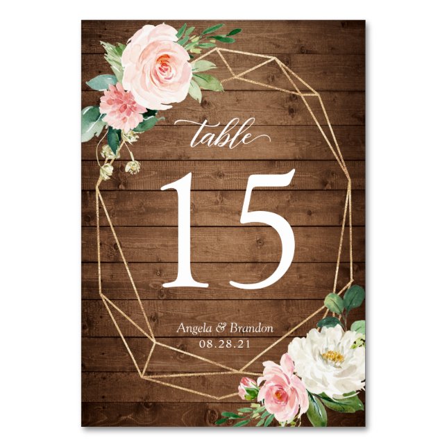 Rustic Geometric Blush Floral Wedding Table Number (Front)