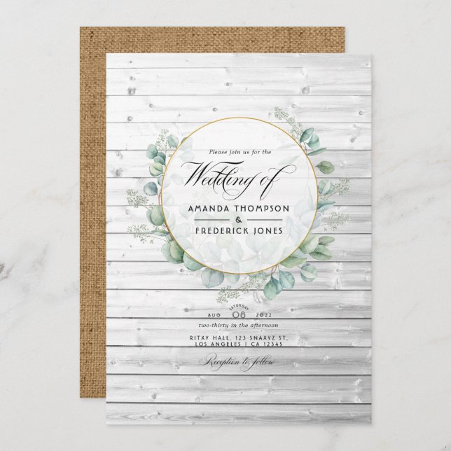 Rustic Geometric Country Barn Eucalyptus Wedding Invitation (Front/Back)
