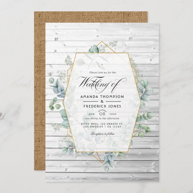 Rustic Geometric Eucalyptus Garden Wedding Invitat Invitation (Front/Back)