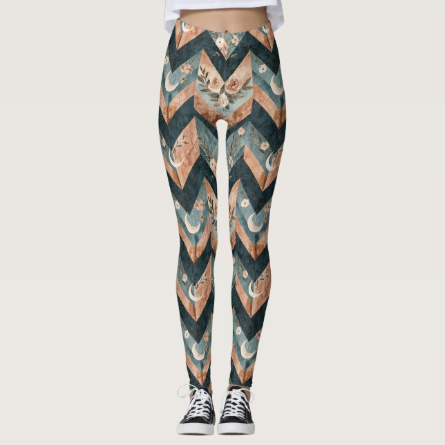 Rustic Geometric Floral with Crescent Moons Leggings (Front)