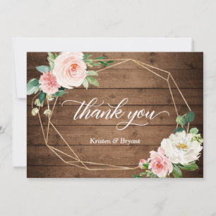 Rustic Geometric Frame and Blush Floral Wedding Thank You Card