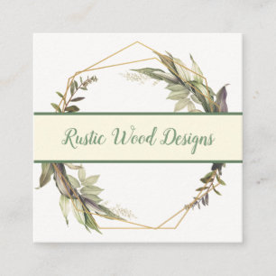 Rustic Geometric Leaves Wreath Monogram Square Business Card