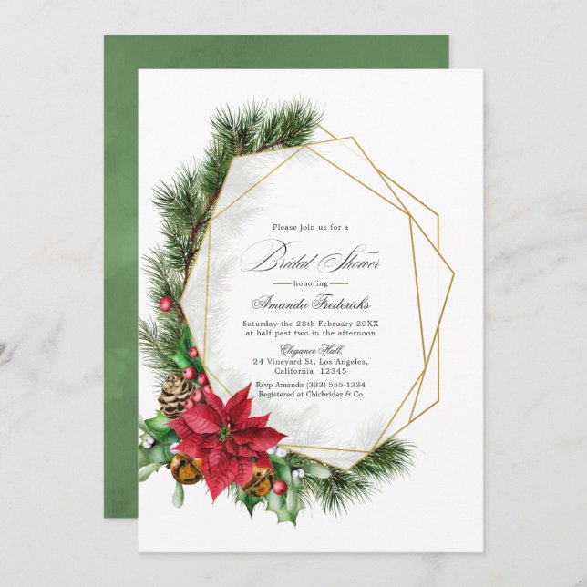 Rustic Geometric Poinsettia Holiday Bridal Shower Invitation (Front/Back)