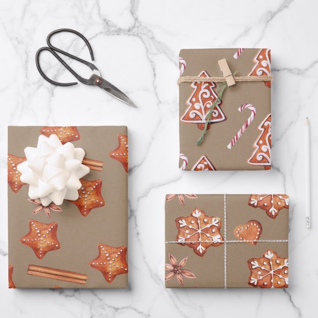 Rustic Gingerbread Stars Snowflakes Trees Cookies Wrapping Paper Sheet (Front)