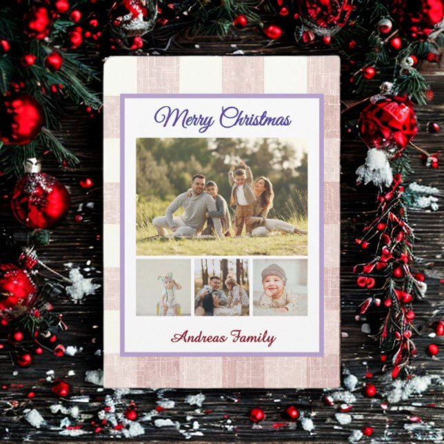 Rustic Gingham 4 Photo Collage Merry Christmas  Holiday Card (Creator Uploaded)